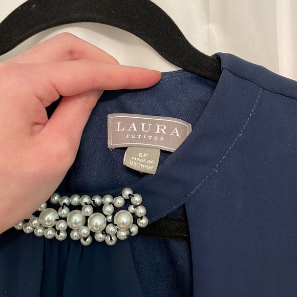 Laura Petites Navy Pearl Embroidered Cutout Chiffon Dress - Picture 4 of 5